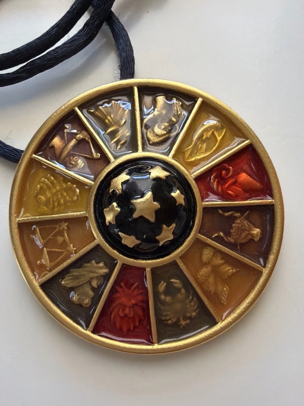 Vintage Bob Mackie Zodiac Wheel Astrological Enamel Round Pin Brooch Pendant 80s